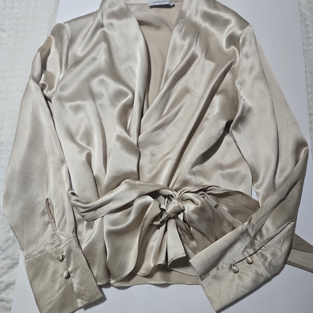 Elegant Cream Satin Wrap Blouse - Picture 3 of 8
